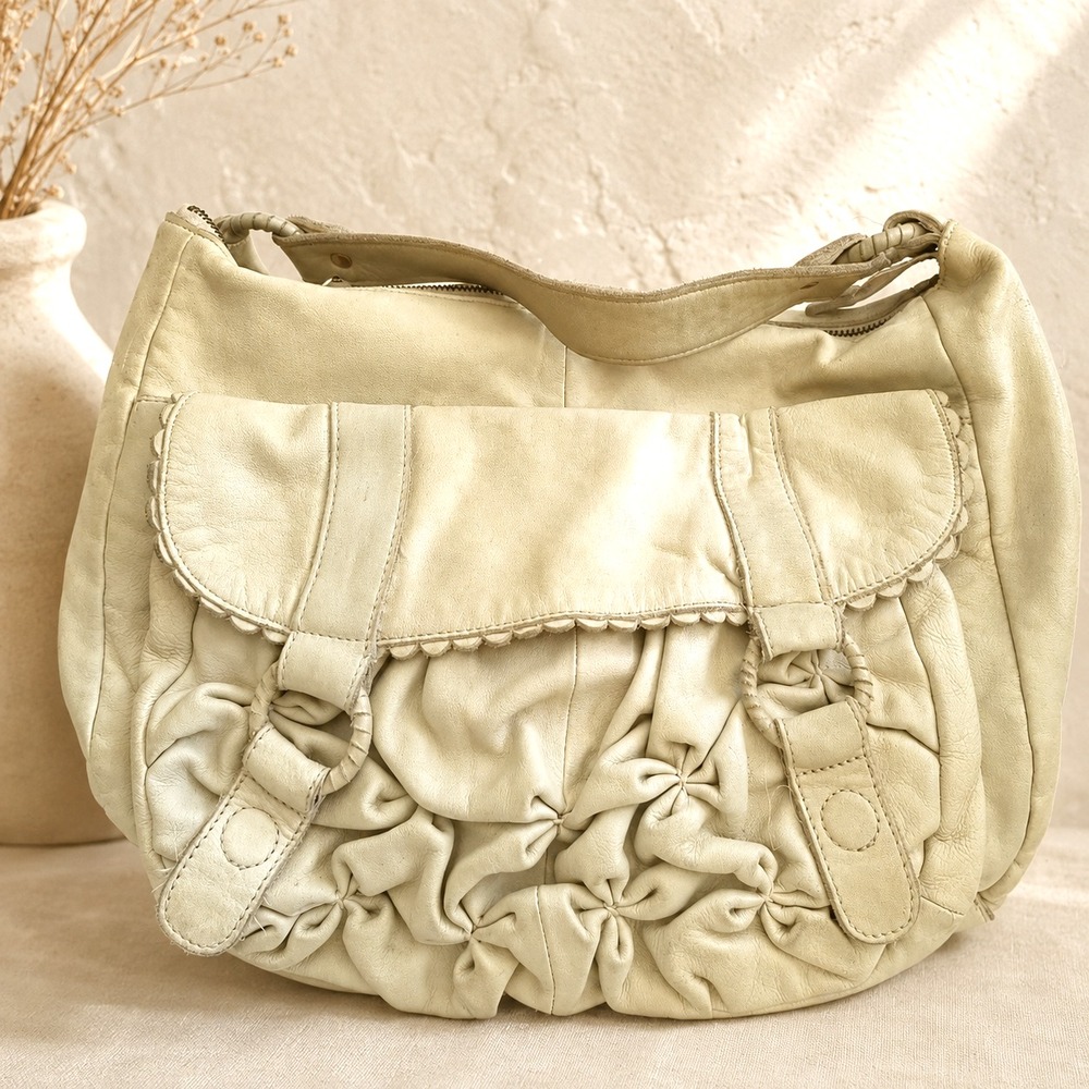 Lucky Penny Anthropologie Cream Leather Ruched Shoulder Bag Floral Lined